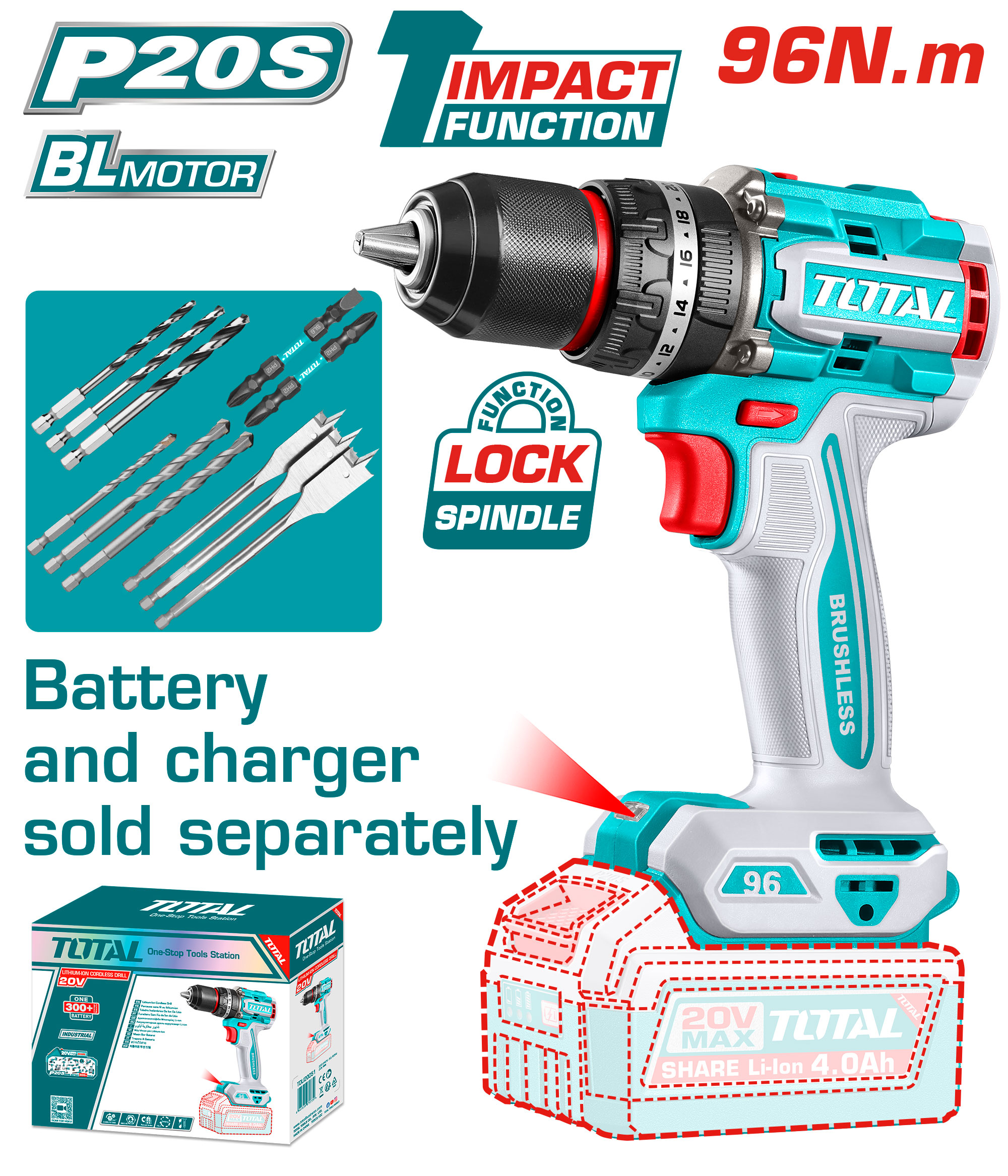BRUSHLESS CORDLESS IMPACT DRILL 20 VOLT 96 NM WITHOUT BATTERY AND CHARGER