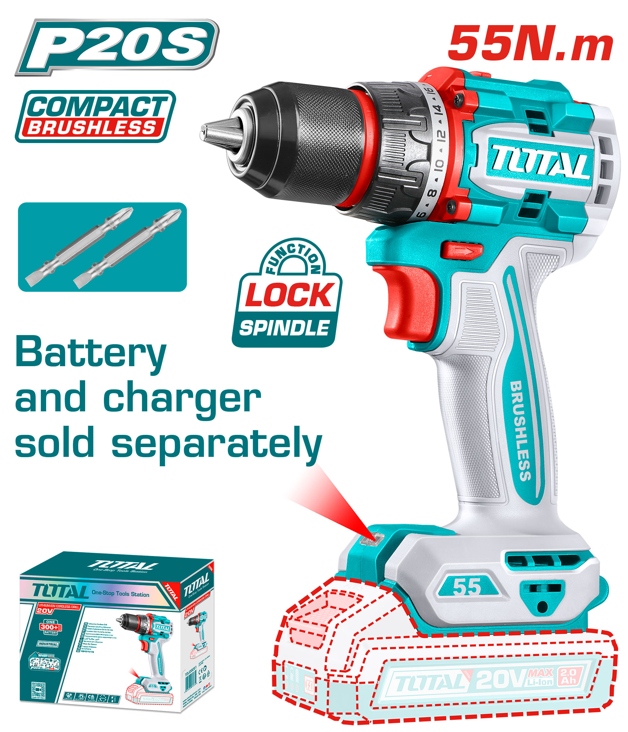 BRUSHLESS CRDLESS DRILL 20 VOLT 55 NM WITHOUT BATTERY AND CHARGER