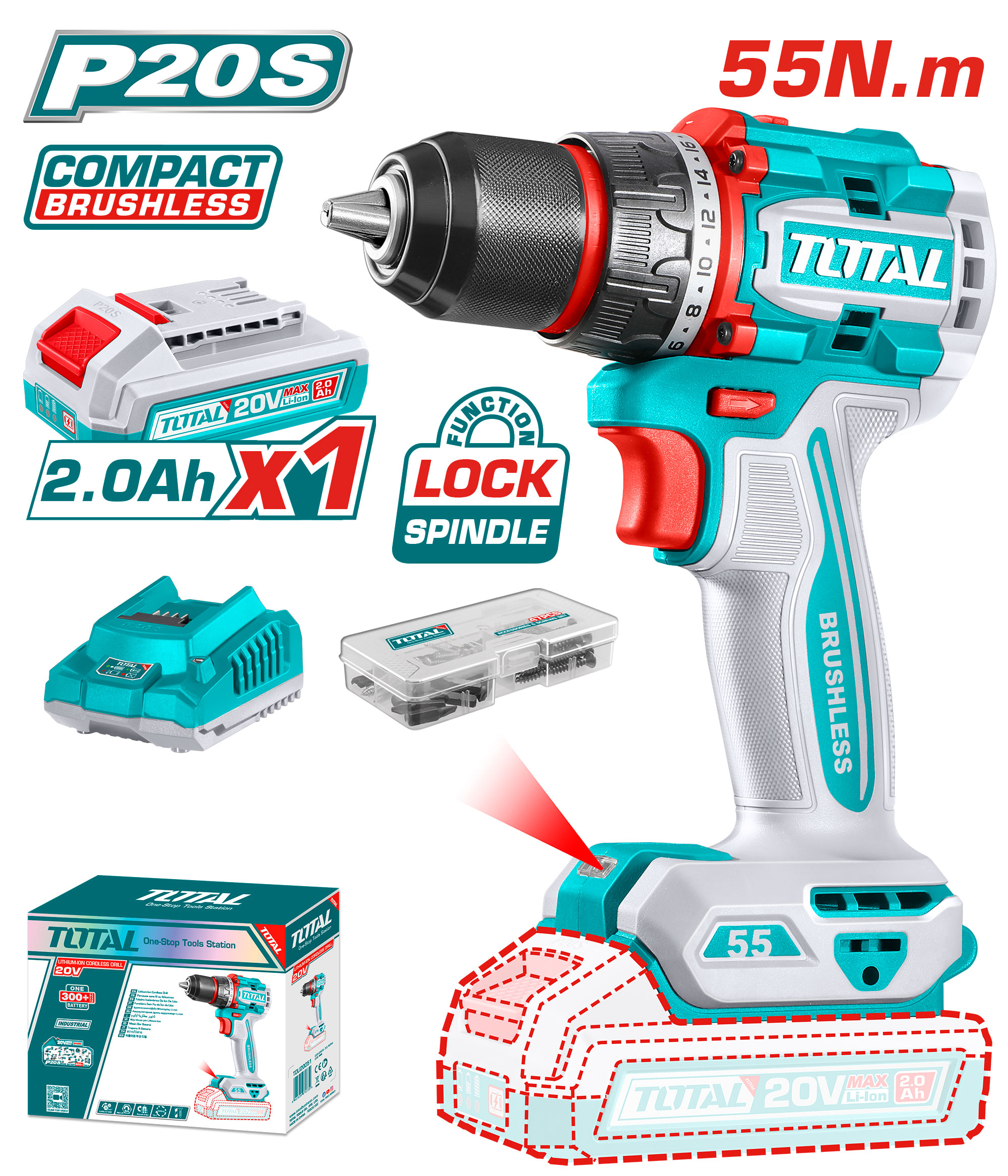 BRUSHLESS CORDLESS DRILL 20 VOLT 55 NM WITH ONE BATTERY AND CHARGER