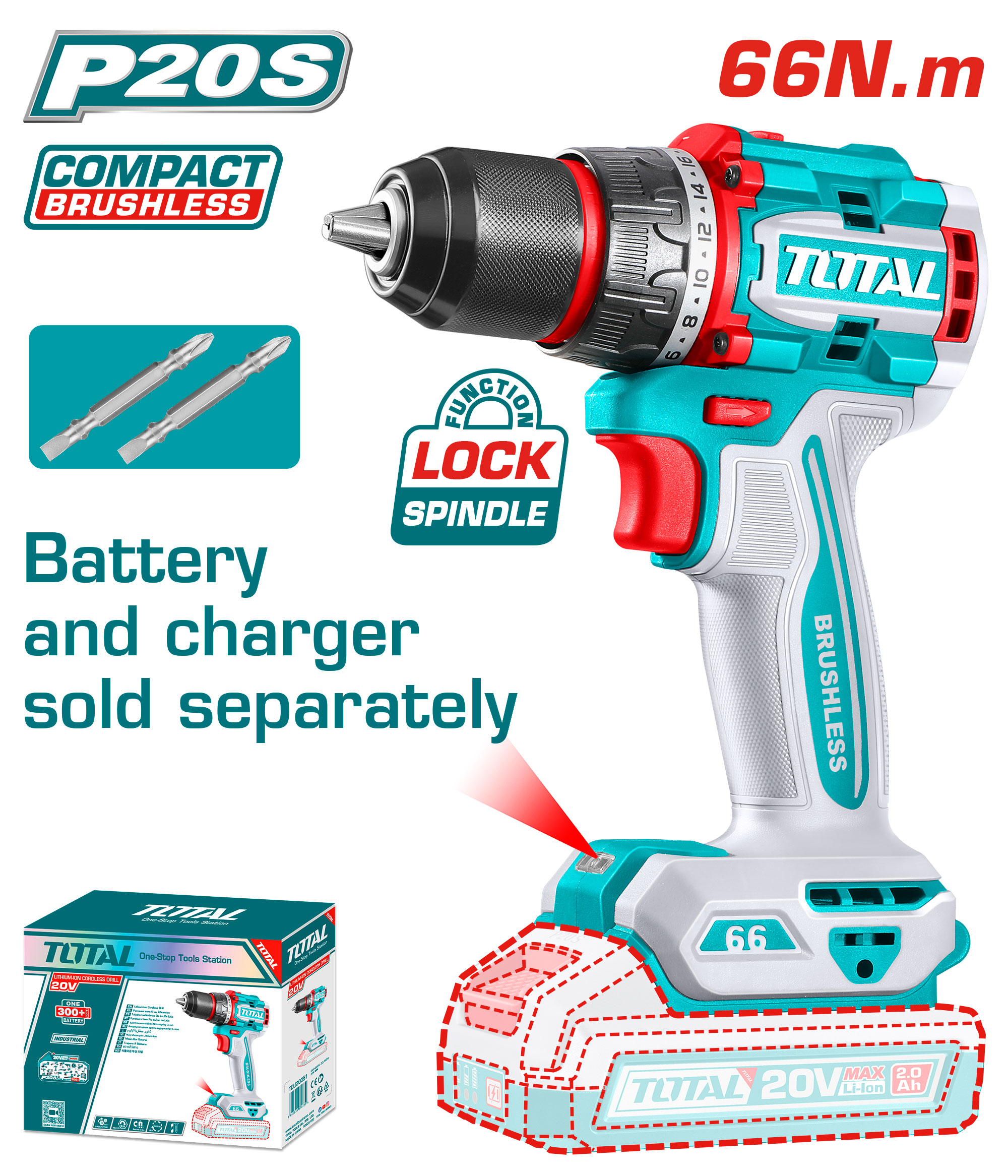 BRUSHLESS CORDLESS DRILL 20 VOLT 66 NM WITHOUT BATTERY AND CHARGER