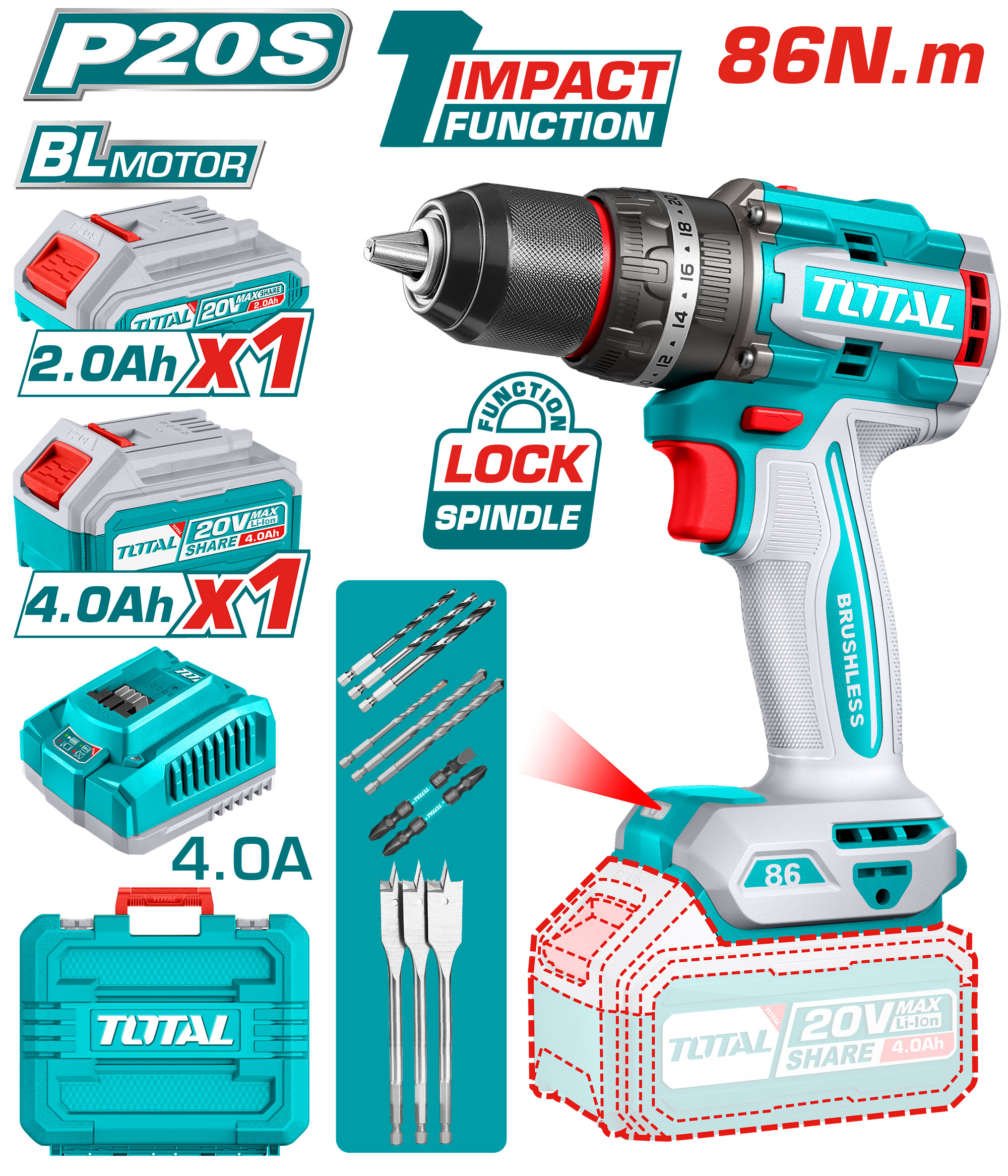 BRUSHLESS CORDLESS IMPACT DRILL 20 VOLT 86 NM WITH ONE BATTERY 2 AMP AND ONE 4 AMP AND CHARGER