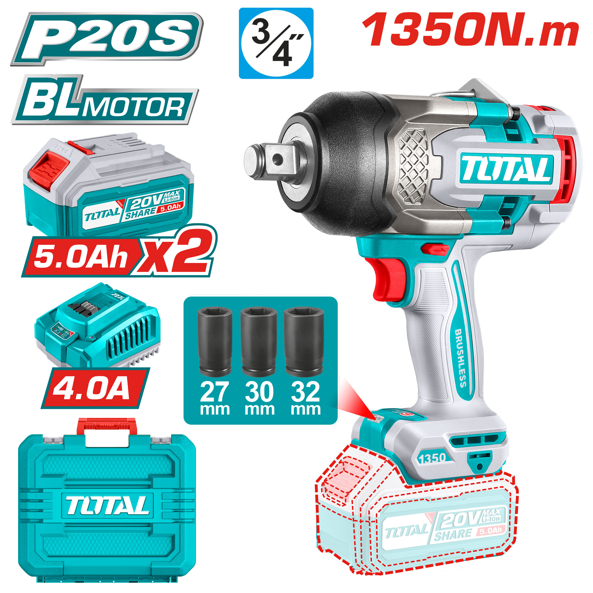 BRUSHLESS CORDLESS IMPACT WRENCH 3/4 INCH 1350 NM WITH 2 BATTERIES 5 AMP AND CHARGER