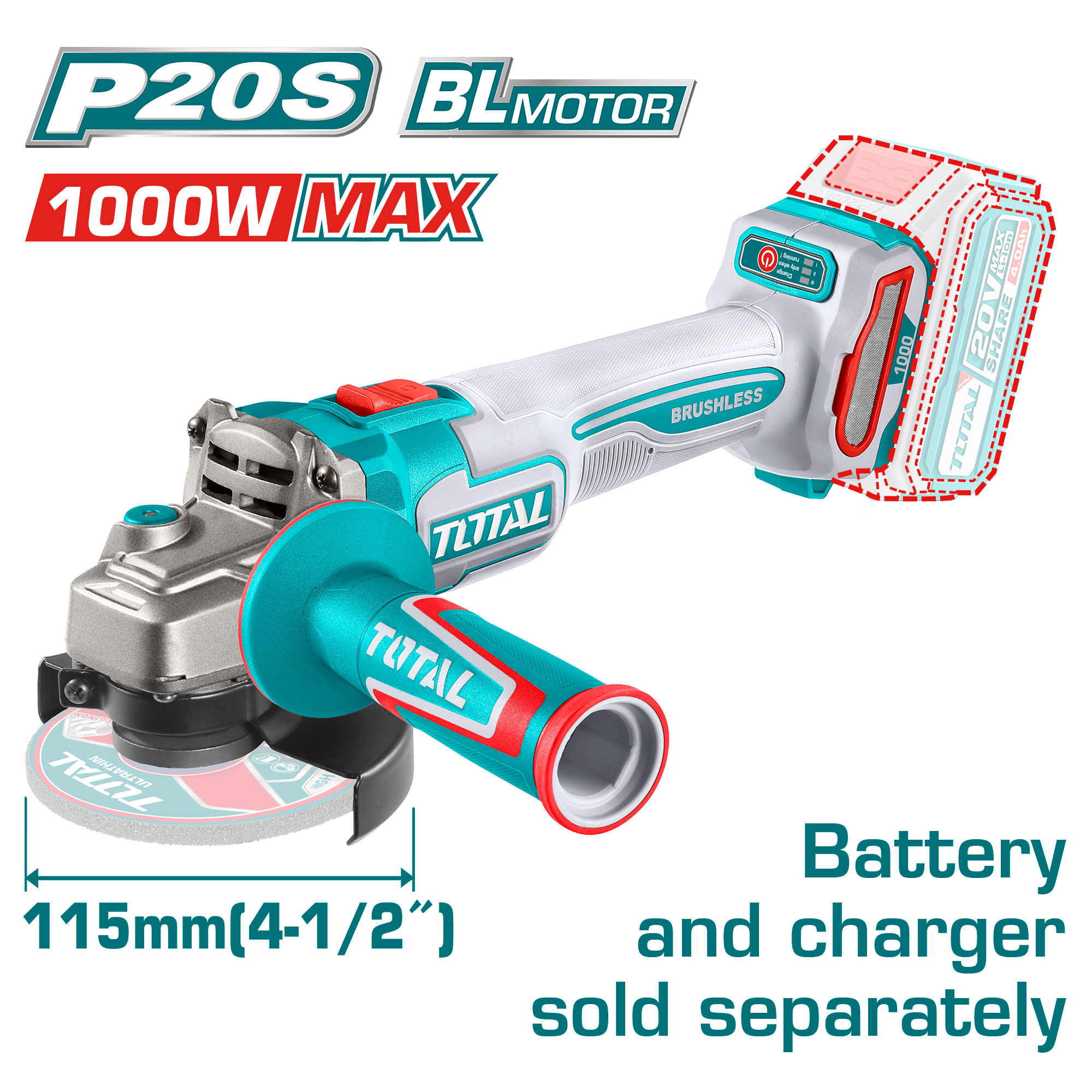 BRUSHLESS CORDLESS ANGLE GRINDER 4.5 INCH 1000 WATT WITHOUT BATTERY AND CHARGER