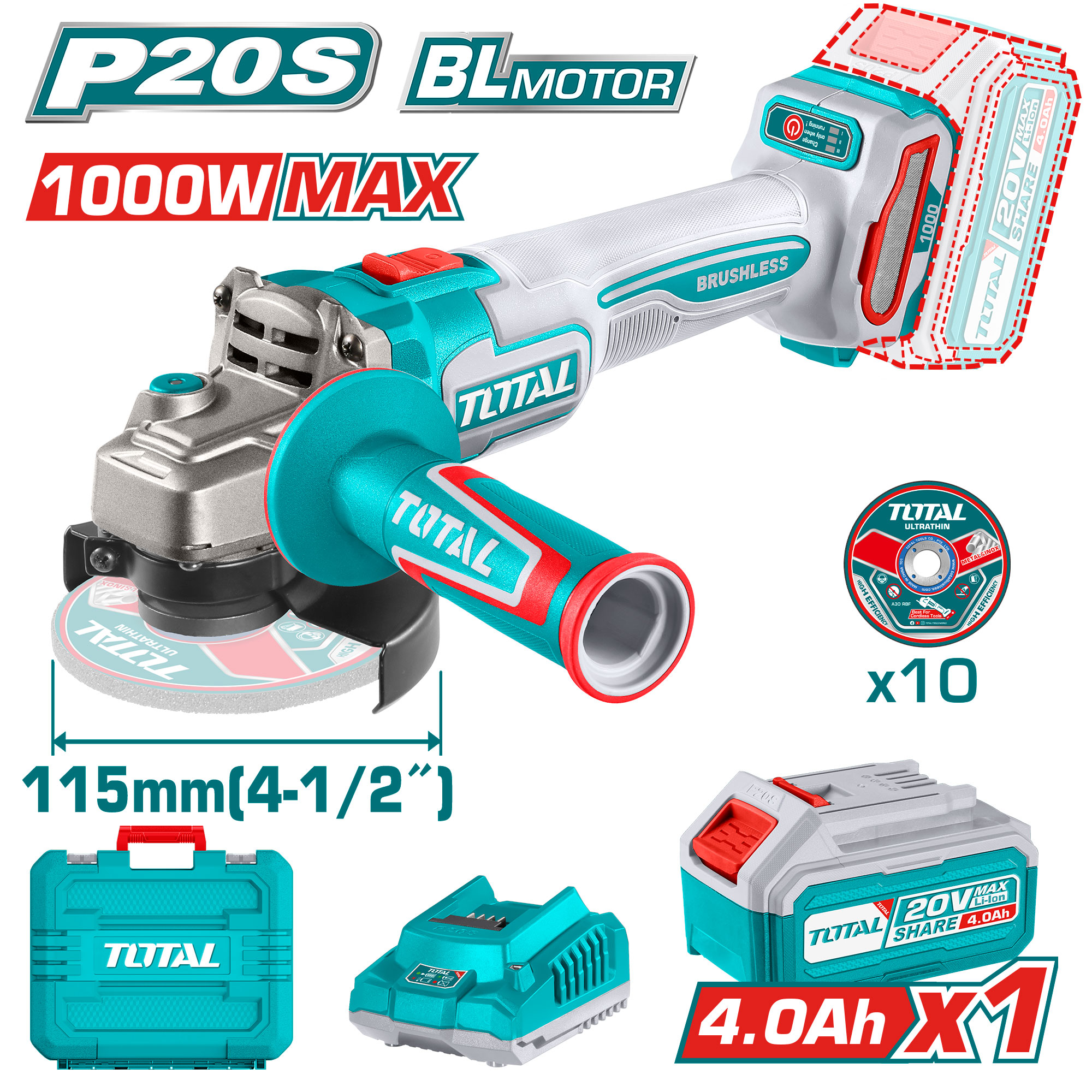BRUSHLESS CORDLESS ANGLE GRINDER 4.5 INCH 1000 WATT WITH ONE BATTERY 4 AMP AND CHARGER