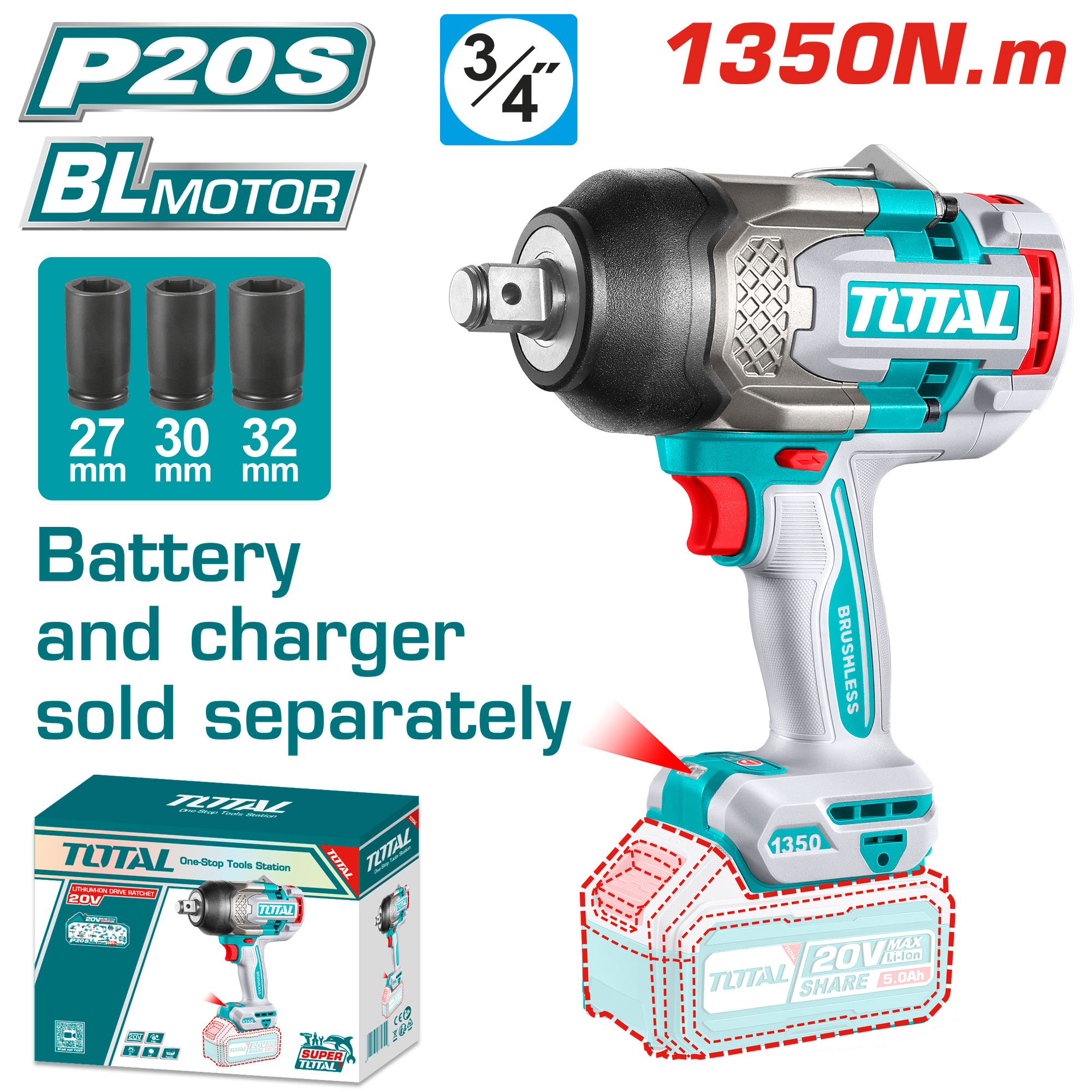CORDLESS BRUSHLESS IMPACT WRENCH 3/4 INCH 1350 NM WITHOUT BATTERY AND CHARGER