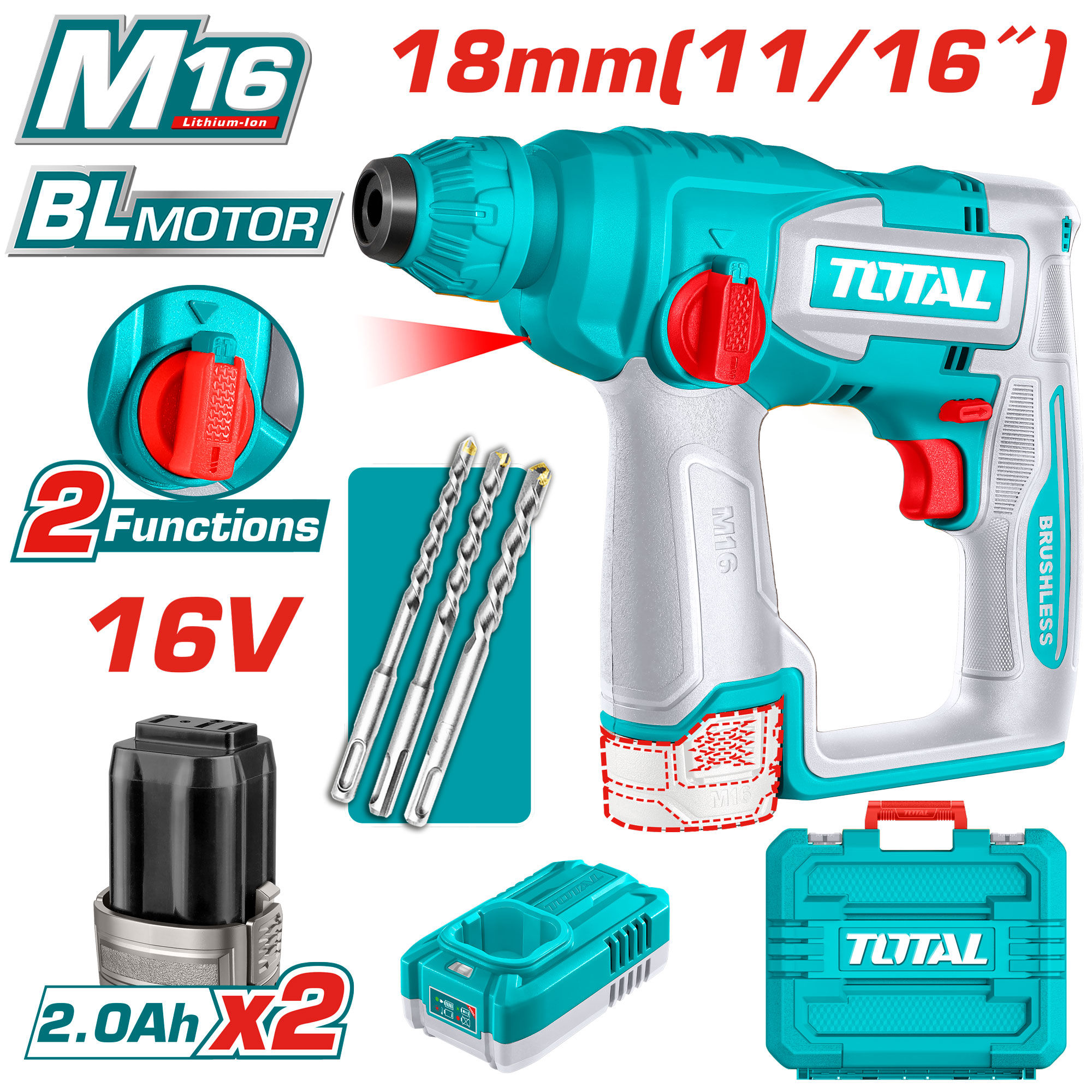 CORDLESS BRUSHLESS ROTARY HAMMER 18 ML 16 VOLT WITH 2 BATTERIES AND CHARGER