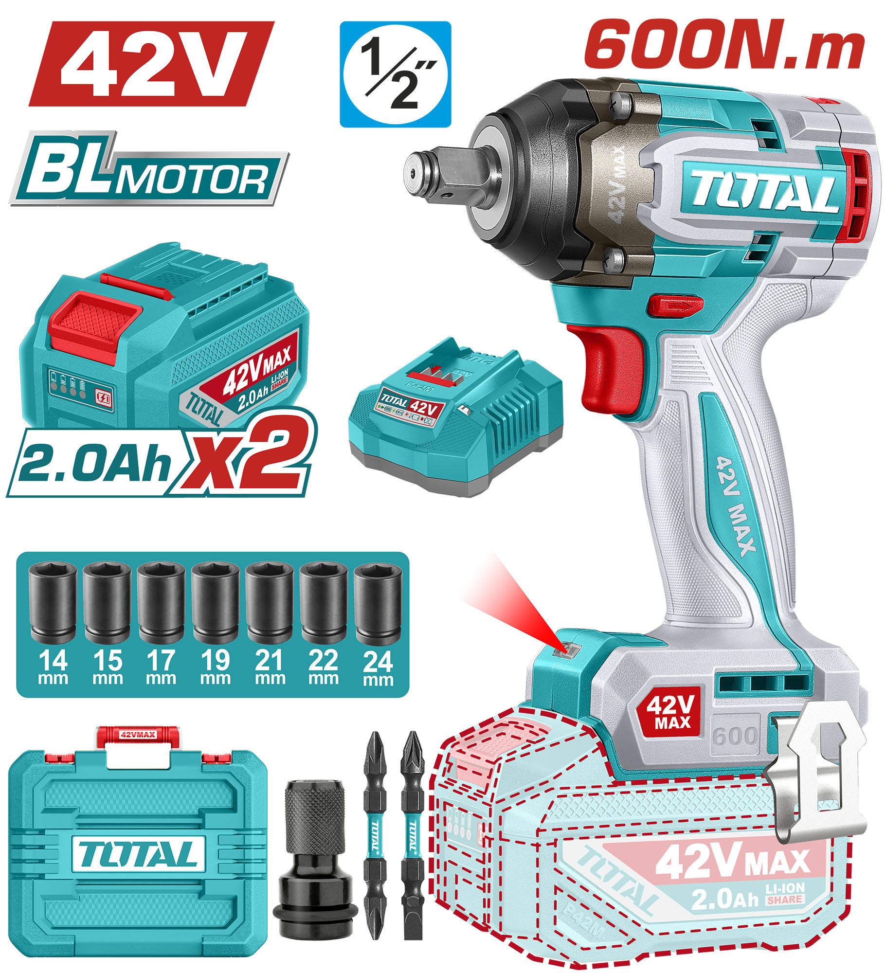CORDLESS RUSHLESS IMPACT WRENCH 1/2 INCH 42 VOLT 600 NM WITH 2 BATTERIES 2 AMP