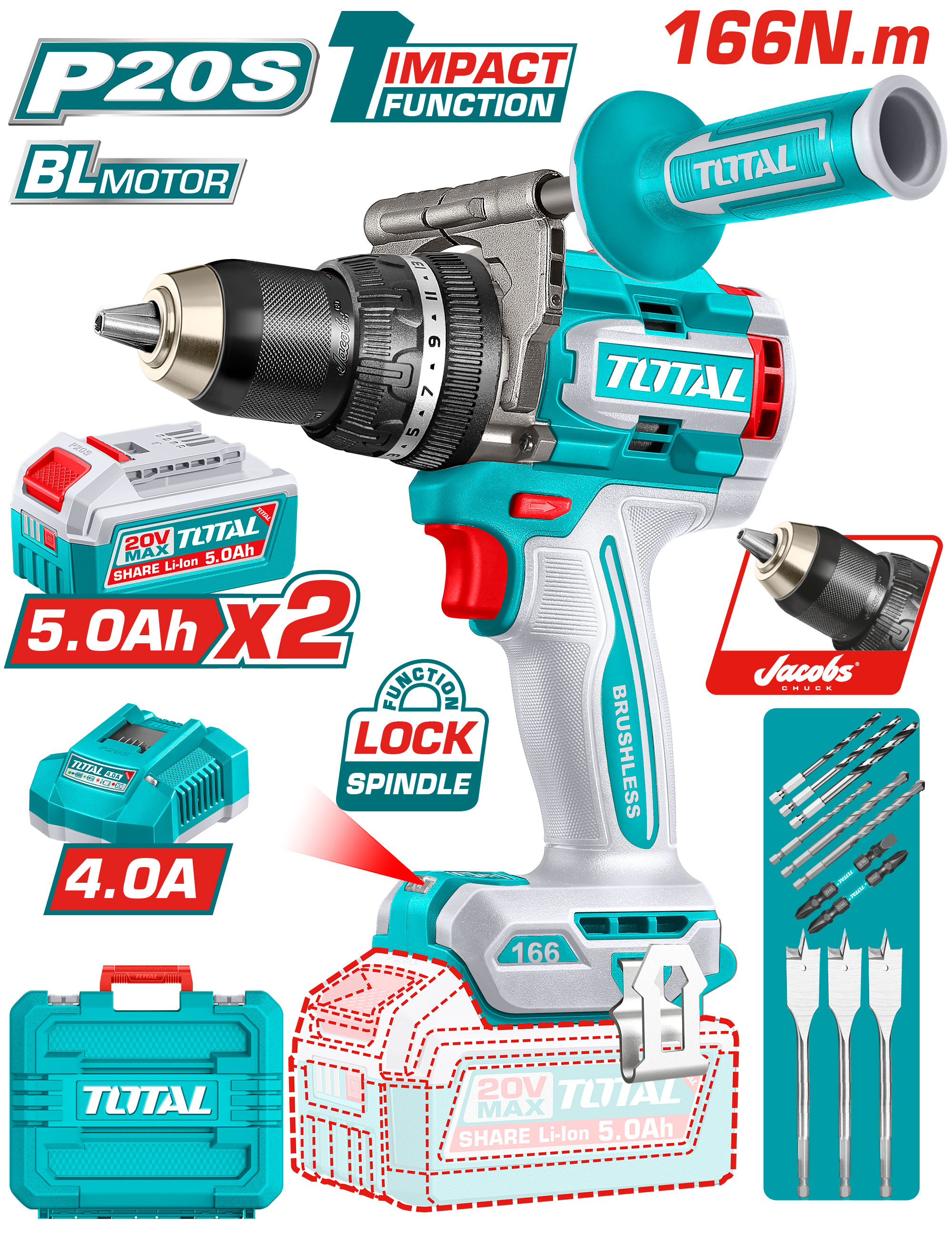 CORDLESS BRUSHLESS DRILL 20 VOLT 166 NM WITH 2 BATTERIES AND CHARGER