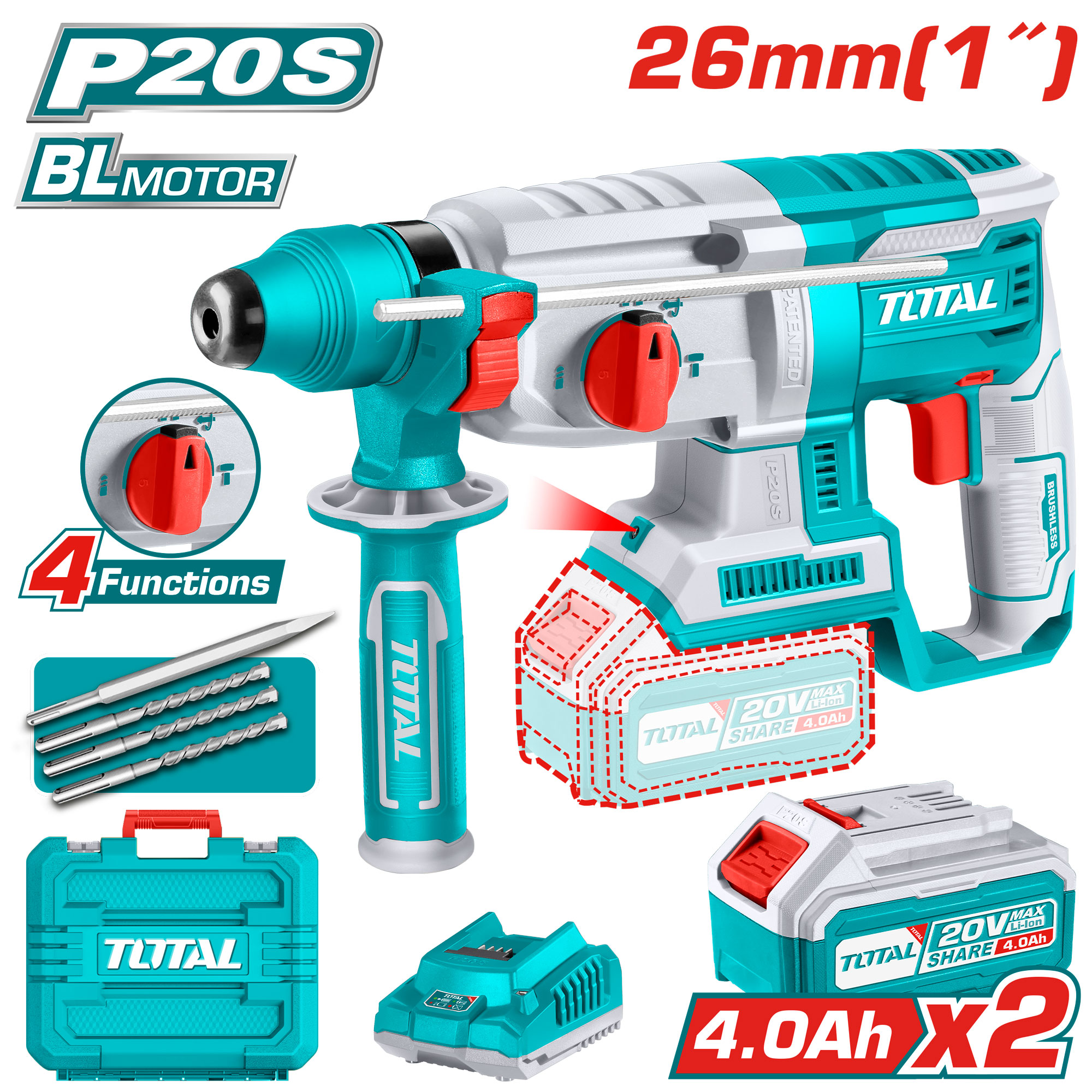 BRUSHLESS BATTERY ROTARY HAMMER 20 VOLT WITH 2 BATTERIES AND CHARGER SUPER SELECT