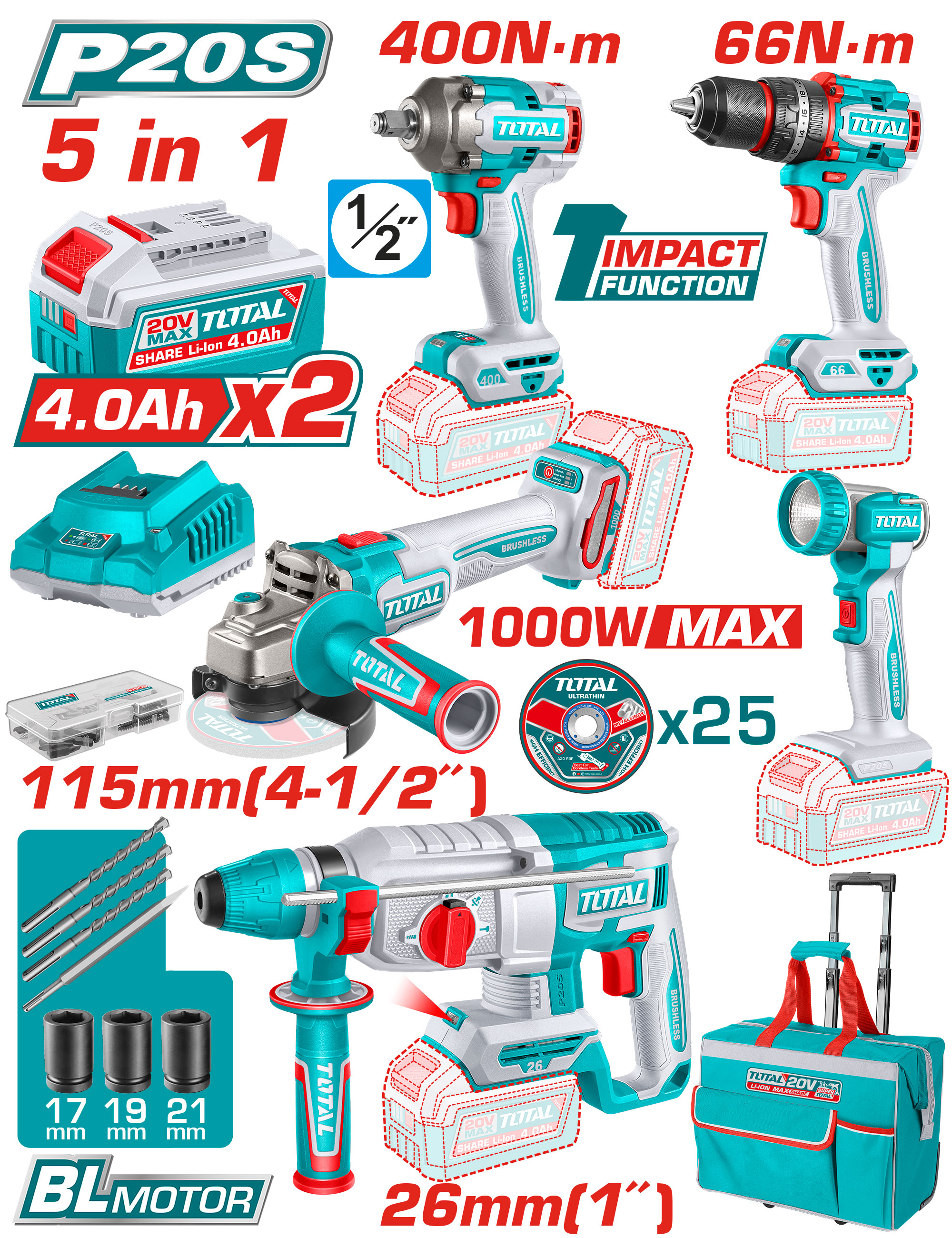 CORDLESS COMBO KIT 20 VOLT 5 PCS